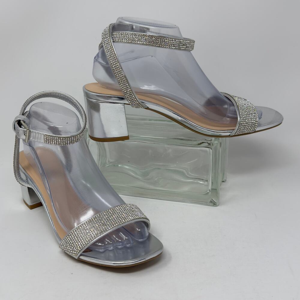 Sz 9 Cityclassified Rhinestone Silver Block Heel Ankle Strap Sandal Party Guest